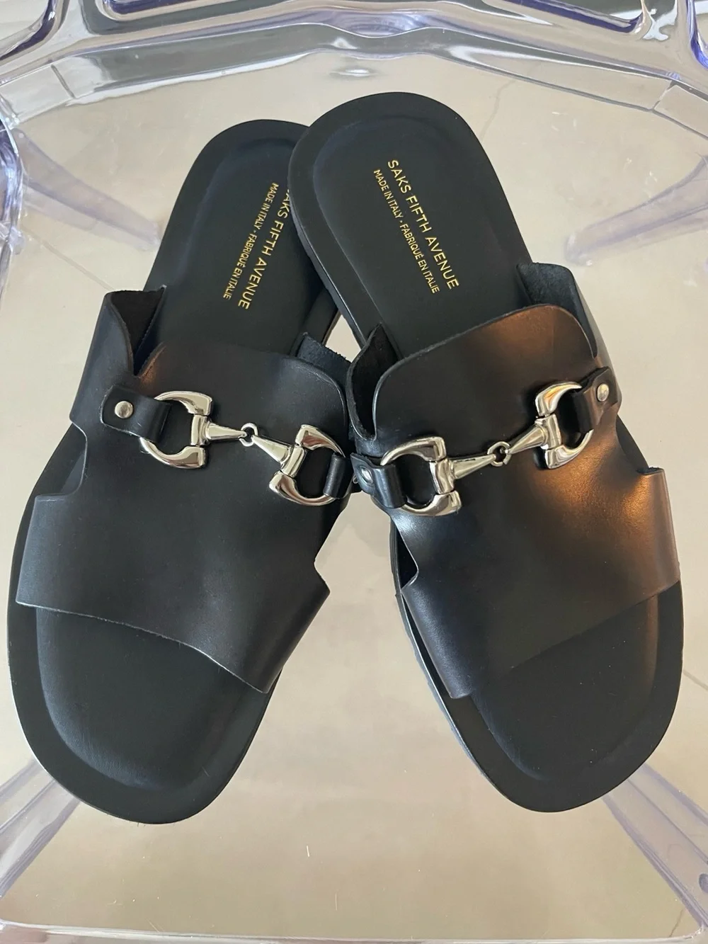 Saks Fifth Avenue Black Italian-Made Leather Slide Men’s Sandals Size 10.5
